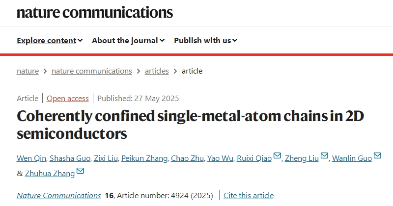 【IFS Research】Coherently confined single-metal-atom chains in 2D semiconductors
